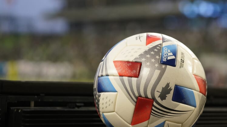 Aug 18, 2021; Austin, TX, Austin, TX, USA; A general view of the game ball prior to the match between the Vancouver Whitecaps and the Austin FC at  Q2 Stadium. Mandatory Credit: Scott Wachter-USA TODAY Sports