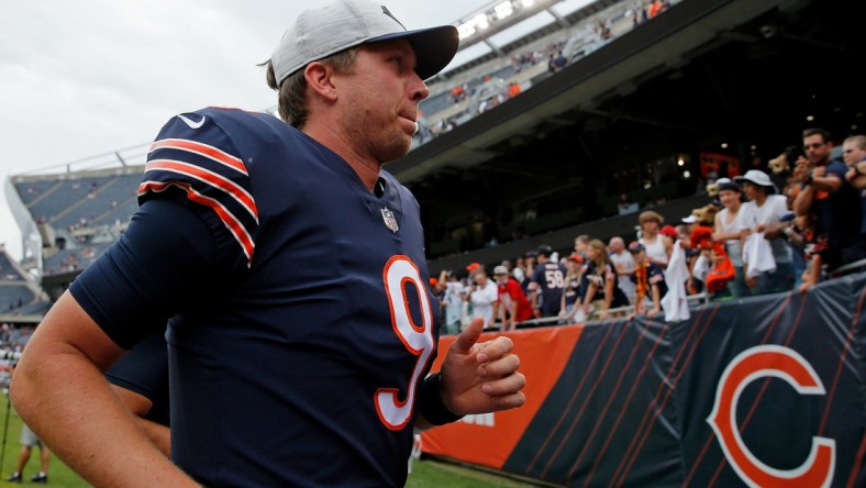 Aug 21, 2021; Chicago, Illinois, USA; Chicago Bears quarterback Nick Foles (9) walks off the field after the game against the Buffalo Bills at Soldier Field. Mandatory Credit: Jon Durr-USA TODAY Sports