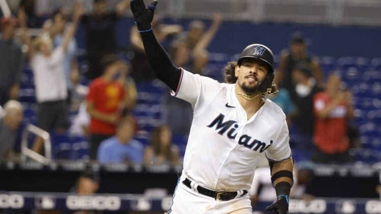 Aug 25, 2021; Miami, Florida, USA;  Miami Marlins catcher Jorge Alfaro (38) reacts as he singles in the winning run during the tenth inning against the Washington Nationals at loanDepot Park. Mandatory Credit: Rhona Wise-USA TODAY Sports