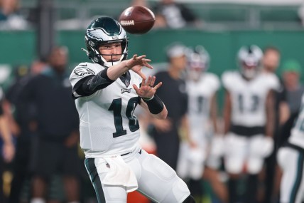 Aug 27, 2021; East Rutherford, New Jersey, USA; Philadelphia Eagles quarterback Nick Mullens (10) throws the ball during the second half against the New York Jets  at MetLife Stadium. Mandatory Credit: Vincent Carchietta-USA TODAY Sports