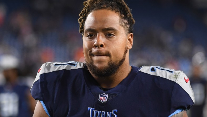 Aug 28, 2021; Nashville, TN, USA; Tennessee Titans offensive tackle Kendall Lamm (71) after the game against the Chicago Bears at Nissan Stadium. Mandatory Credit: Christopher Hanewinckel-USA TODAY Sports