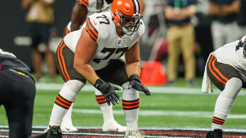 Aug 29, 2021; Atlanta, Georgia, USA; Cleveland Browns guard Wyatt Teller (77) in action at Mercedes-Benz Stadium. Mandatory Credit: Dale Zanine-USA TODAY Sports