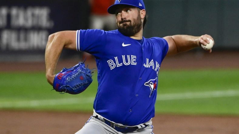 Sep 10, 2021; Baltimore, Maryland, USA;  Toronto Blue Jays starting pitcher Robbie Ray (38) delivers a first inning pitch against the Baltimore Orioles at Oriole Park at Camden Yards. Mandatory Credit: Tommy Gilligan-USA TODAY Sports