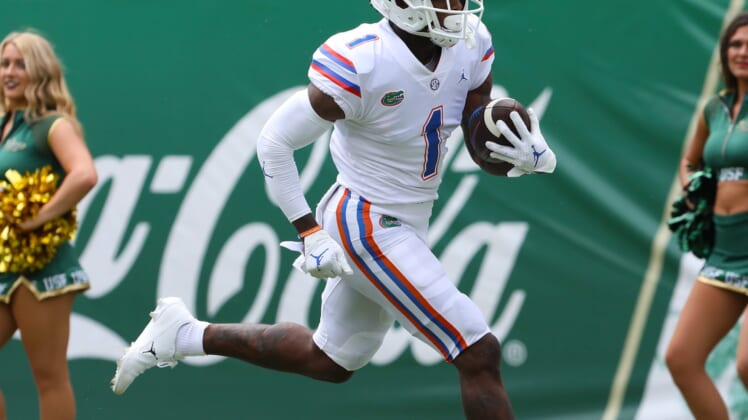 Florida Gators wide receiver Jacob Copeland (1) runs for a touchdown after making a catch during the second game of the season against the USF Bulls at Raymond James Stadium, in Tampa Fla. Sept. 11, 2021.Flgai 09112021 Ufvs Usf Action09