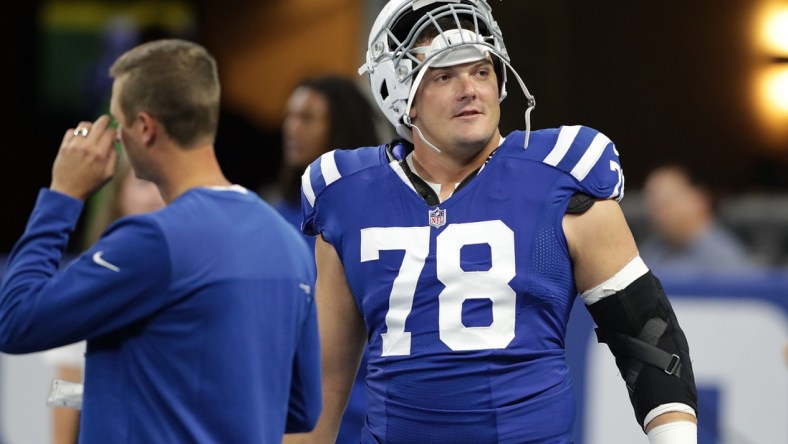 Indianapolis Colts center Ryan Kelly (78) looks out on the field during warmups Sunday, Sept. 12, 2021, before the regular season opener against the Seattle Seahawks at Lucas Oil Stadium in Indianapolis.