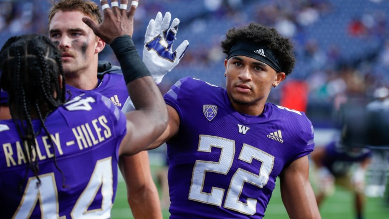 Sep 4, 2021; Seattle, Washington, USA; Washington Huskies defensive back Trent McDuffie (22) participates in pregame warmups against the Montana Grizzlies at Alaska Airlines Field at Husky Stadium. Mandatory Credit: Joe Nicholson-USA TODAY Sports