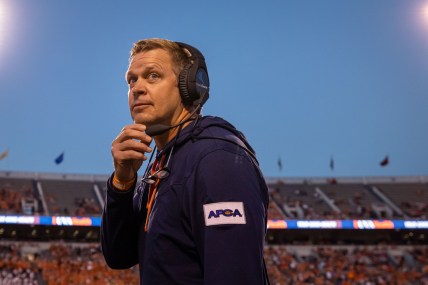Sep 4, 2021; Charlottesville, Virginia, USA; Virginia Cavaliers head coach Bronco Mendenhall looks on during the game against William & Mary Tribe at Scott Stadium. Mandatory Credit: Scott Taetsch-USA TODAY Sports