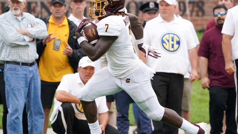 Sep 4, 2021; Columbia, Missouri, USA; Central Michigan Chippewas running back Lew Nichols III (7) runs the ball against the Missouri Tigers during the game at Faurot Field at Memorial Stadium. Mandatory Credit: Denny Medley-USA TODAY Sports