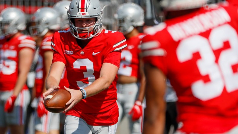 Ohio State Buckeyes quarterback Quinn Ewers (3) warms ups prior to the NCAA football game against the Tulsa Golden Hurricane at Ohio Stadium in Columbus on Saturday, Sept. 18, 2021Tulsa At Ohio State Football