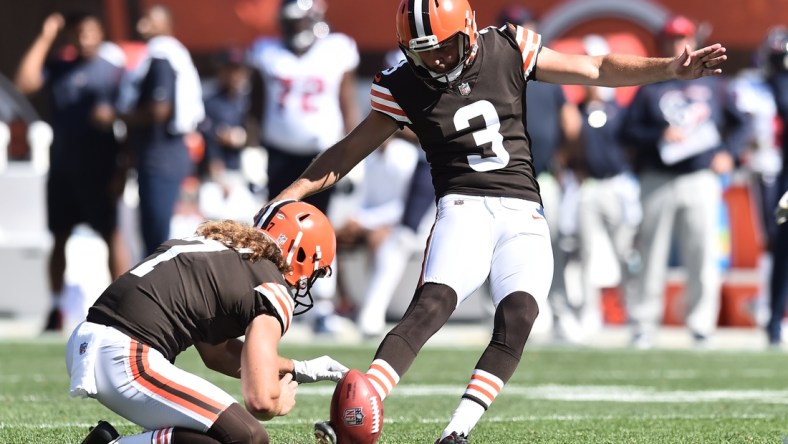 Sep 19, 2021; Cleveland, Ohio, USA; Cleveland Browns kicker Chase McLaughlin (3) kicks a field goal from the hold of punter Jamie Gillan (7) during the second half against the Houston Texans at FirstEnergy Stadium. Mandatory Credit: Ken Blaze-USA TODAY Sports