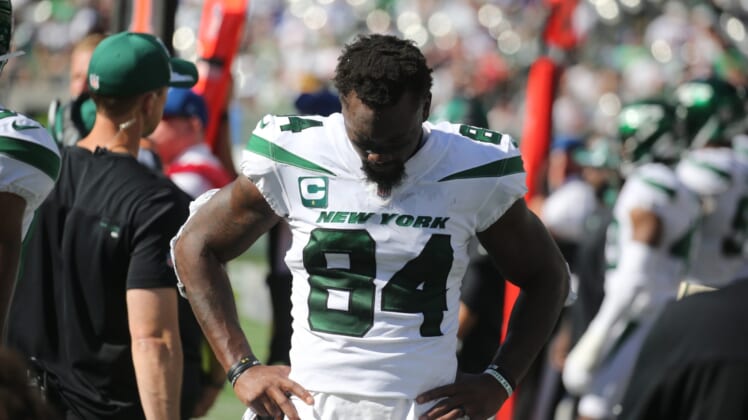 Corey Davis of the Jets on the sidelines in the second half as the New England Patriots defeated the NY Jets 25-6 at MetLife Stadium in East Rutherford, NJ on September 19, 2021.The New England Patriots Came To Play The Ny Jets At Metlife Stadium In East Rutherford Nj On September 19 2021