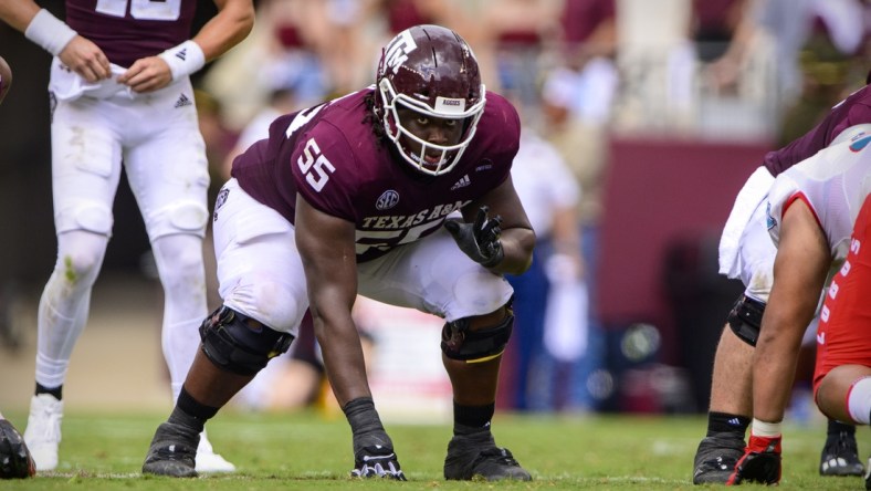 Sep 18, 2021; College Station, Texas, USA; Texas A&M Aggies offensive lineman Kenyon Green (55) in action during the game between the Texas A&M Aggies and the New Mexico Lobos at Kyle Field. Mandatory Credit: Jerome Miron-USA TODAY Sports