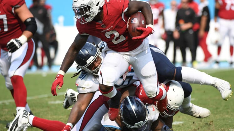 Sep 12, 2021; Nashville, Tennessee, USA; Arizona Cardinals running back Chase Edmonds (2) against the Tennessee Titans at Nissan Stadium. Mandatory Credit: Christopher Hanewinckel-USA TODAY Sports