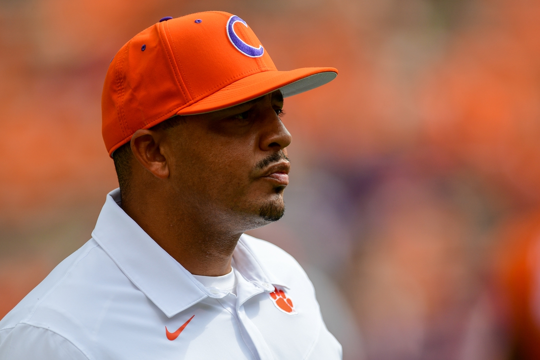 Sep 18, 2021; Clemson, South Carolina, USA; Clemson Tigers offensive coordinator Tony Elliott prior to the game against the Georgia Tech Yellow Jackets during the first quarter at Memorial Stadium. Mandatory Credit: Adam Hagy-USA TODAY Sports