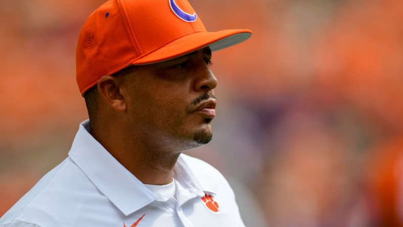 Sep 18, 2021; Clemson, South Carolina, USA; Clemson Tigers offensive coordinator Tony Elliott prior to the game against the Georgia Tech Yellow Jackets during the first quarter at Memorial Stadium. Mandatory Credit: Adam Hagy-USA TODAY Sports