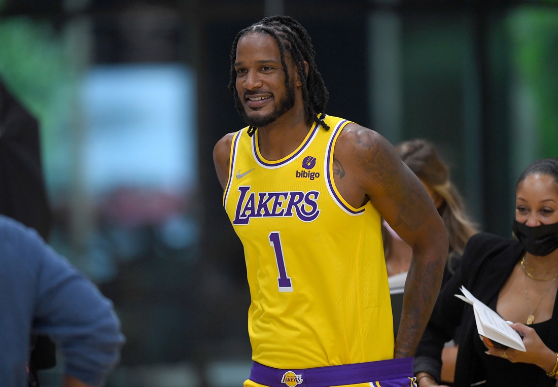 Sep 28, 2021; Los Angeles, CA, USA; Los Angeles Lakers forward Trevor Ariza (1) is photographed during media day at the UCLA Health and Training Center in El Segundo, Calif.  Mandatory Credit: Jayne Kamin-Oncea-USA TODAY Sports