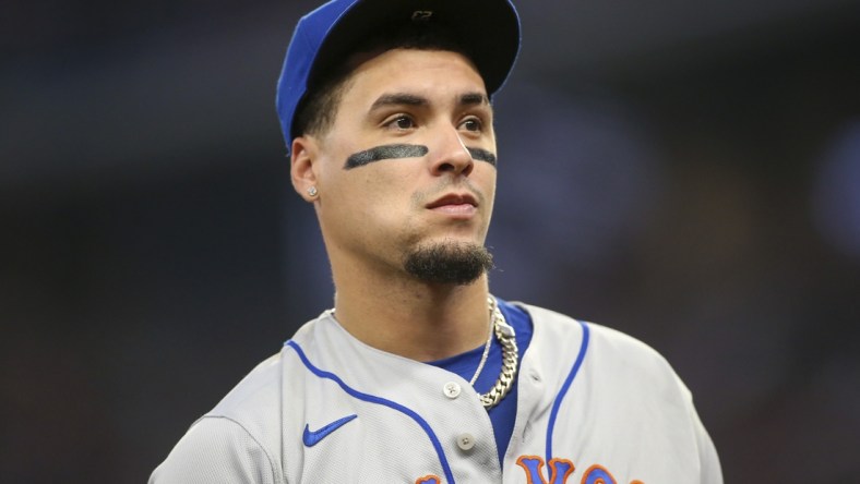 Oct 1, 2021; Atlanta, Georgia, USA; New York Mets shortstop Javier Baez (23) in action against the Atlanta Braves in the second inning at Truist Park. Mandatory Credit: Brett Davis-USA TODAY Sports