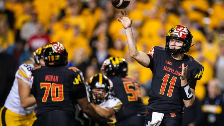 Oct 1, 2021; College Park, Maryland, USA; Maryland Terrapins quarterback Reece Udinski (11) throws a pass against the Iowa Hawkeyes during the second half at Capital One Field at Maryland Stadium. Mandatory Credit: Scott Taetsch-USA TODAY Sports