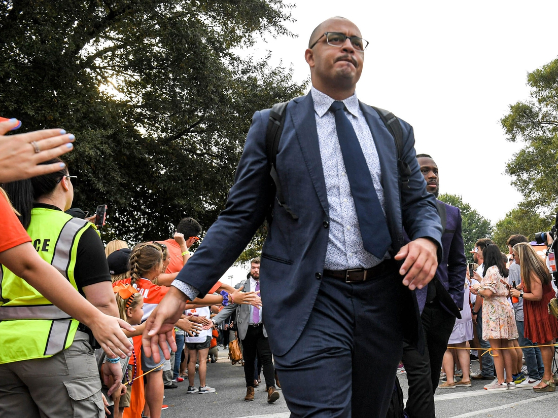 Clemson offensive coordinator Tony Elliott greets fans during Tiger Walk before the game with Clemson and Boston College in Clemson, S.C. Saturday, October 2, 2021.

Ncaa Football Acc Clemson Boston College