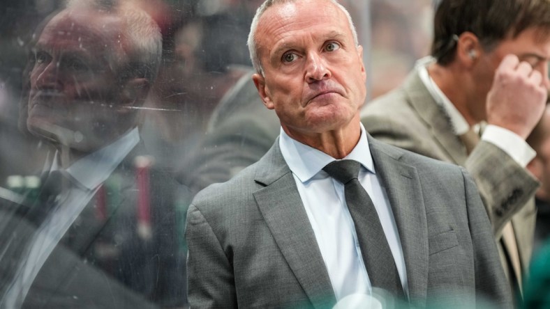 Oct 4, 2021; Saint Paul, Minnesota, USA; Minnesota Wild head coach Dean Evason looks on during the second period against the Colorado Avalanche at Xcel Energy Center. Mandatory Credit: Brace Hemmelgarn-USA TODAY Sports