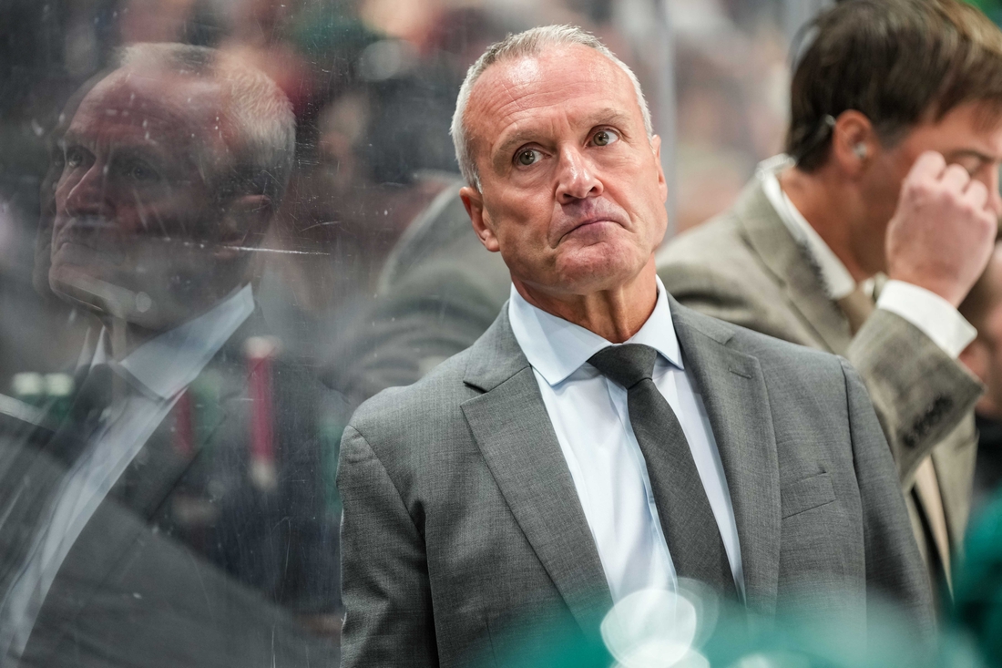 Oct 4, 2021; Saint Paul, Minnesota, USA; Minnesota Wild head coach Dean Evason looks on during the second period against the Colorado Avalanche at Xcel Energy Center. Mandatory Credit: Brace Hemmelgarn-USA TODAY Sports