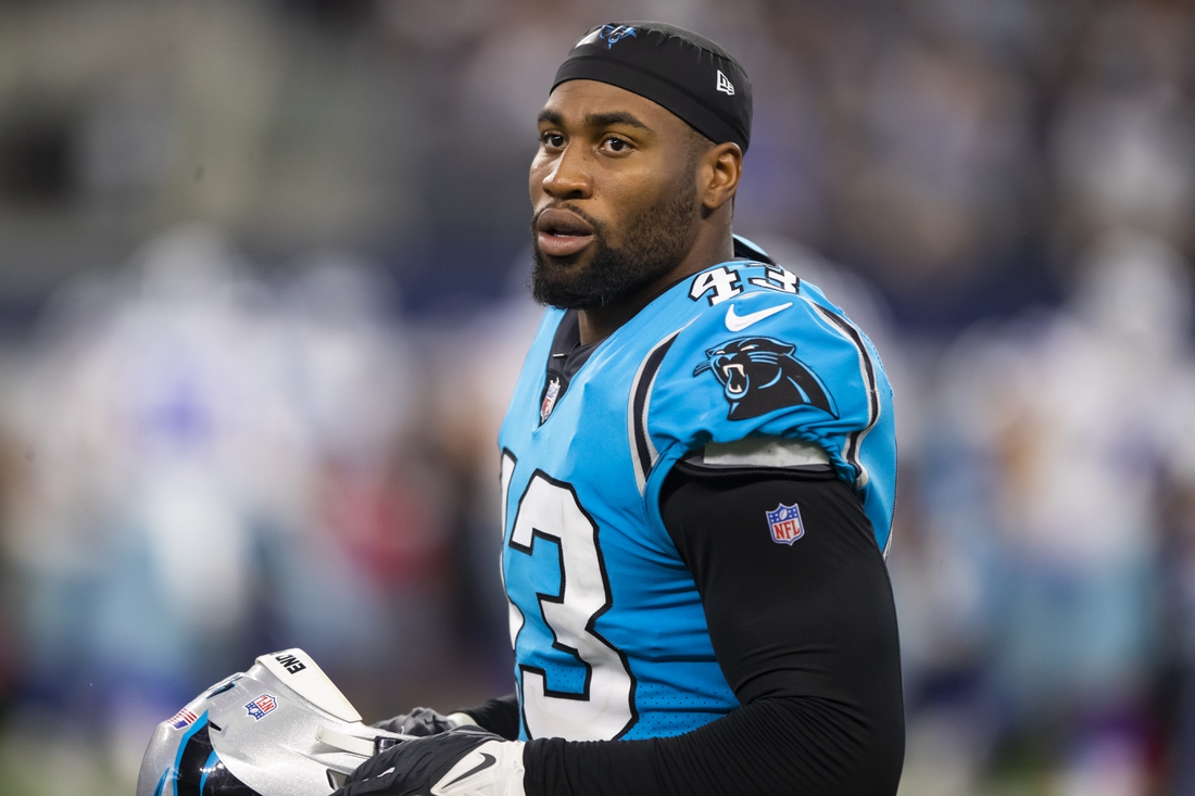 Oct 3, 2021; Arlington, Texas, USA; Carolina Panthers linebacker Haason Reddick (43) against the Dallas Cowboys at AT&T Stadium. Mandatory Credit: Mark J. Rebilas-USA TODAY Sports