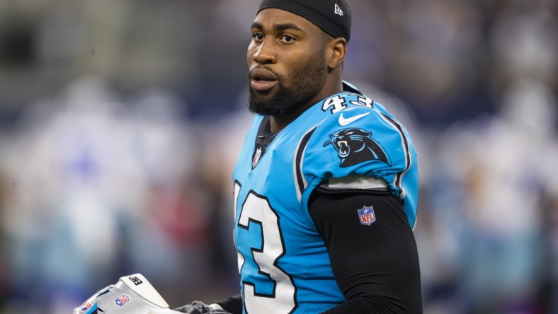 Oct 3, 2021; Arlington, Texas, USA; Carolina Panthers linebacker Haason Reddick (43) against the Dallas Cowboys at AT&T Stadium. Mandatory Credit: Mark J. Rebilas-USA TODAY Sports