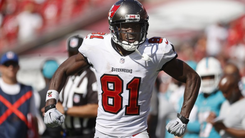 Oct 10, 2021; Tampa, Florida, USA; Tampa Bay Buccaneers wide receiver Antonio Brown (81) celebrates as he catches the ball during the second half at Raymond James Stadium. Mandatory Credit: Kim Klement-USA TODAY Sports