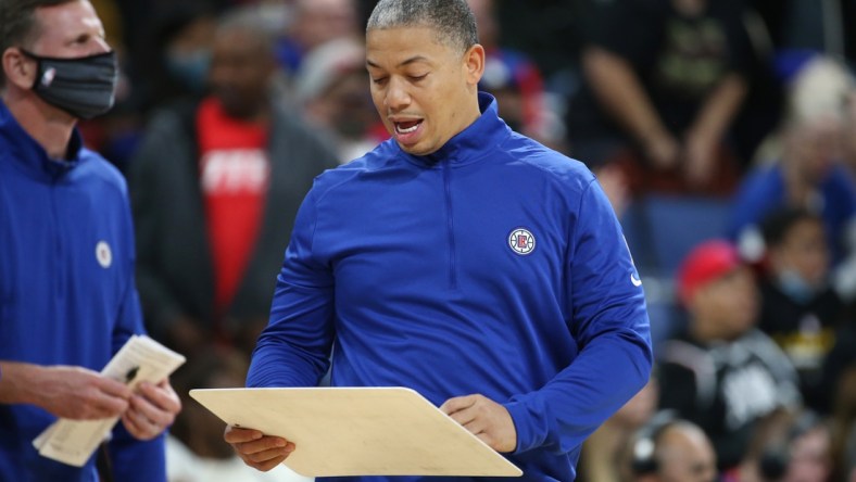 Oct 11, 2021; Ontario, California, USA; Los Angeles Clippers head coach Tyronn Lue reacts during a game against the Minnesota Timberwolves at Toyota Arena. The Timberwolves won 128-100. Mandatory Credit: Kiyoshi Mio-USA TODAY Sports