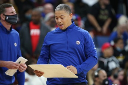 Oct 11, 2021; Ontario, California, USA; Los Angeles Clippers head coach Tyronn Lue reacts during a game against the Minnesota Timberwolves at Toyota Arena. The Timberwolves won 128-100. Mandatory Credit: Kiyoshi Mio-USA TODAY Sports