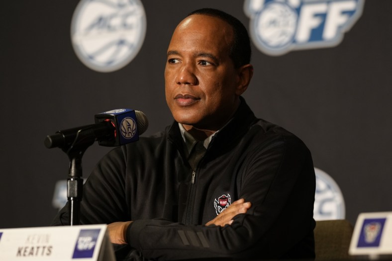 Oct 12, 2021; Charlotte, NC, USA; North Carolina State Wolfpack head coach Kevin Keatts speaks to the media at the ACC Tip Off at Charlotte Marriott City Center. Mandatory Credit: Jim Dedmon-USA TODAY Sports