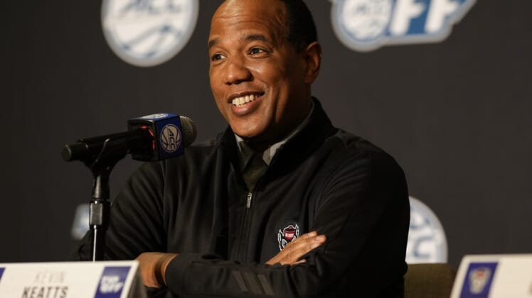 Oct 12, 2021; Charlotte, NC, USA; North Carolina State Wolfpack head coach Kevin Keatts speaks to the media at the ACC Tip Off at Charlotte Marriott City Center. Mandatory Credit: Jim Dedmon-USA TODAY Sports