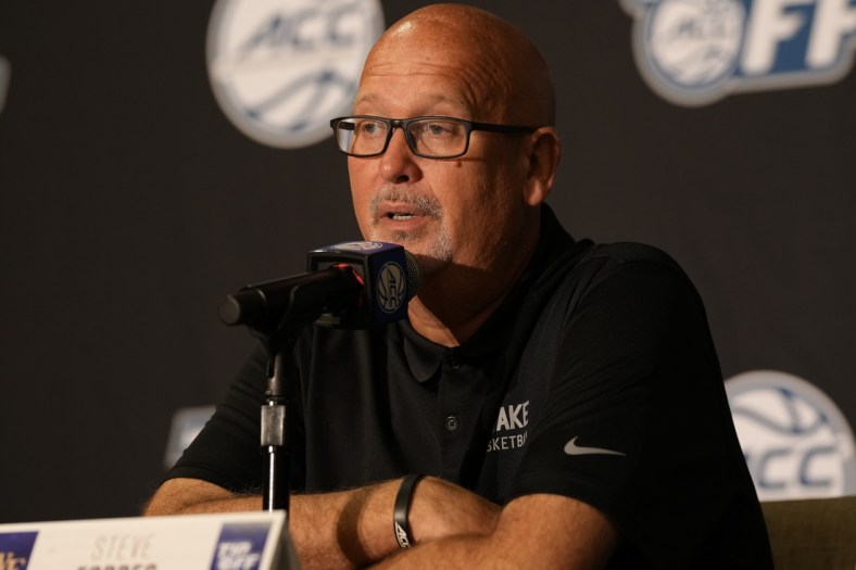 Oct 12, 2021; Charlotte, NC, USA; Wake Forest Demon Deacons head coach Steve Forbes speaks to the media at the ACC Tip Off at Charlotte Marriott City Center. Mandatory Credit: Jim Dedmon-USA TODAY Sports