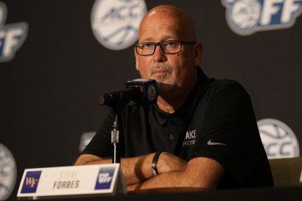 Oct 12, 2021; Charlotte, NC, USA;  Wake Forest Demon Deacons head coach Steve Forbes speaks to the media at the ACC Tip Off at Charlotte Marriott City Center. Mandatory Credit: Jim Dedmon-USA TODAY Sports