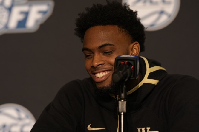Oct 12, 2021; Charlotte, NC, USA; Wake Forest Demon Deacons forward Isaiah Mucius (1) speaks to the media at the ACC Tip Off at Charlotte Marriott City Center. Mandatory Credit: Jim Dedmon-USA TODAY Sports