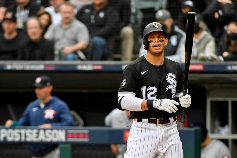 Oct 12, 2021; Chicago, Illinois, USA; Chicago White Sox second baseman Cesar Hernandez (12) reacts after striking out against the Houston Astros to end the fourth inning in game four of the 2021 ALDS at Guaranteed Rate Field. Mandatory Credit: Matt Marton-USA TODAY Sports