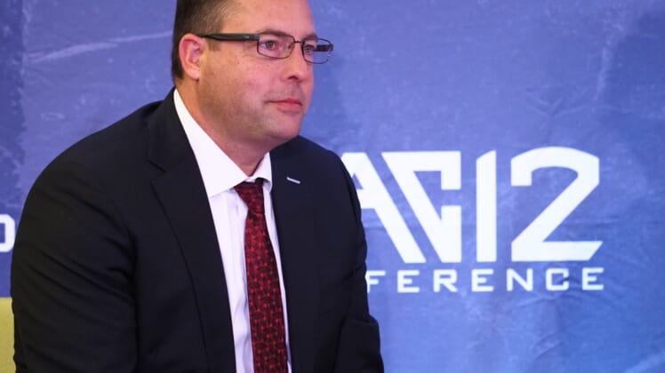 Oct 13, 2021; San Francisco, CA, USA; Stanford Cardinal head coach Jerod Haase sits for an interview during Pac-12 men s basketball media day. Mandatory Credit: Kelley L Cox-USA TODAY Sports