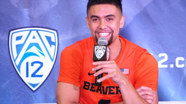 Oct 13, 2021; San Francisco, CA, USA; Oregon State Beavers guard Jarod Lucas (2) smiles as he speaks to the media during Pac-12 men s basketball media day. Mandatory Credit: Kelley L Cox-USA TODAY Sports