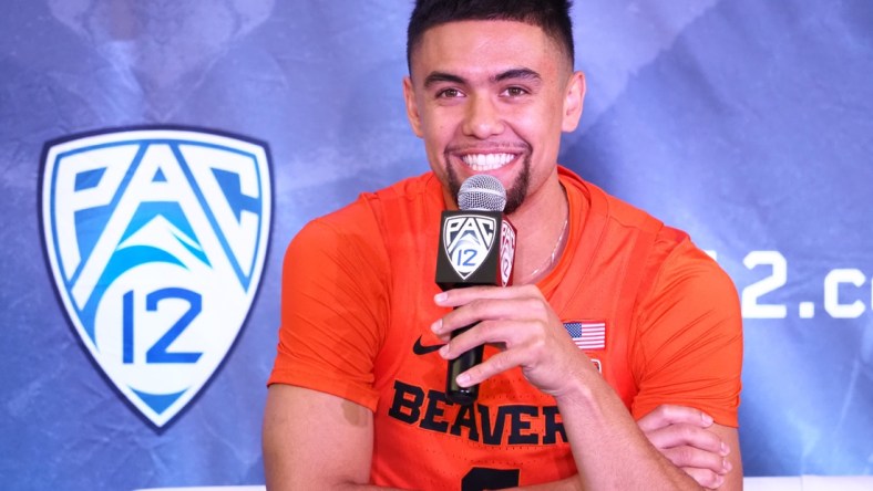 Oct 13, 2021; San Francisco, CA, USA; Oregon State Beavers guard Jarod Lucas (2) smiles as he speaks to the media during Pac-12 men s basketball media day. Mandatory Credit: Kelley L Cox-USA TODAY Sports