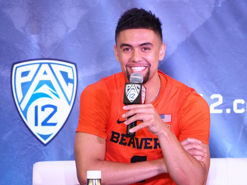 Oct 13, 2021; San Francisco, CA, USA; Oregon State Beavers guard Jarod Lucas (2) smiles as he speaks to the media during Pac-12 men s basketball media day. Mandatory Credit: Kelley L Cox-USA TODAY Sports