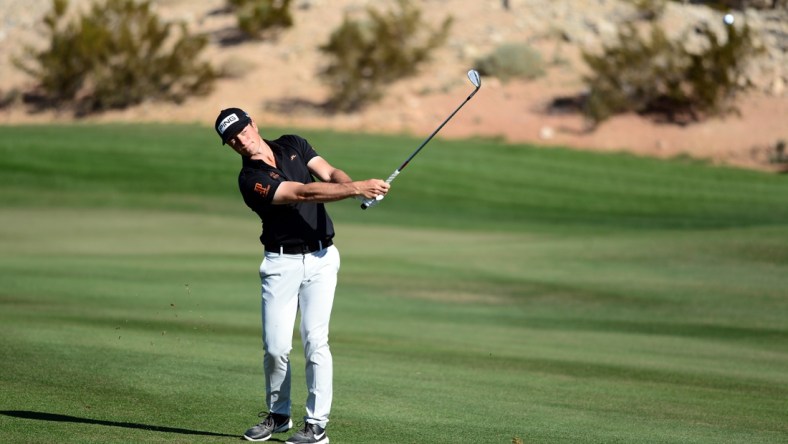 Oct 15, 2021; Las Vegas, Nevada, USA; Viktor Hovland hits on the first fairway during the second round of the CJ Cup golf tournament at The Summit Club. Mandatory Credit: Joe Camporeale-USA TODAY Sports