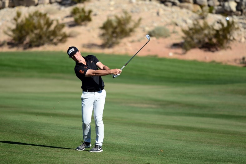 Oct 15, 2021; Las Vegas, Nevada, USA; Viktor Hovland hits on the first fairway during the second round of the CJ Cup golf tournament at The Summit Club. Mandatory Credit: Joe Camporeale-USA TODAY Sports