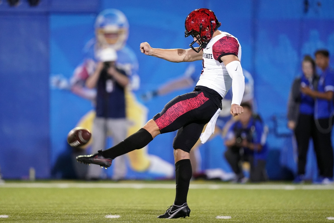 Oct 15, 2021; San Jose, California, USA; San Diego State Aztecs kicker Matt Araiza (2) punts during the fourth quarter against the San Jose State Spartans at CEFCU Stadium. Mandatory Credit: Darren Yamashita-USA TODAY Sports