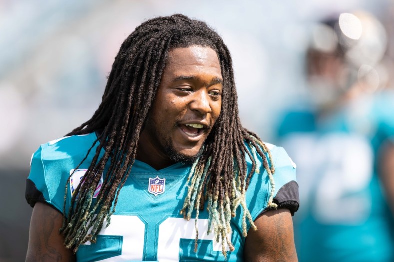 Oct 10, 2021; Jacksonville, Florida, USA; Jacksonville Jaguars cornerback Shaquill Griffin (26) smiles before the game against the Tennessee Titans at TIAA Bank Field. Mandatory Credit: Matt Pendleton-USA TODAY Sports