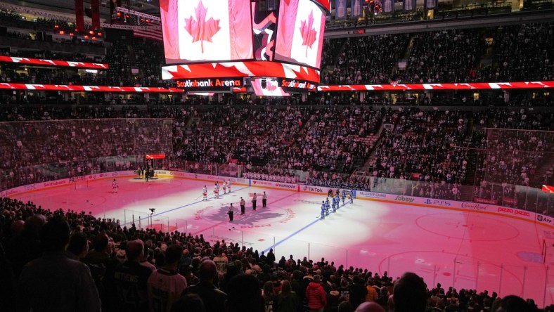 Oct 18, 2021; Toronto, Ontario, CAN; A general view of Scotiabank Arena during the anthem before a game between the New York Rangers and Toronto Maple Leafs. Mandatory Credit: John E. Sokolowski-USA TODAY Sports