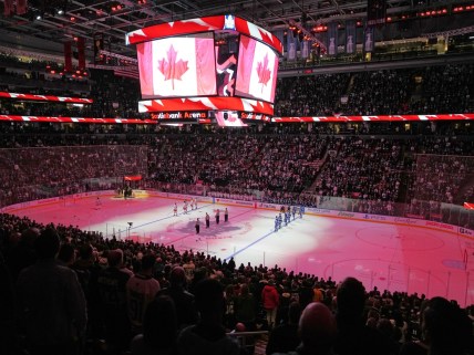 Oct 18, 2021; Toronto, Ontario, CAN; A general view of Scotiabank Arena during the anthem before a game between the New York Rangers and Toronto Maple Leafs. Mandatory Credit: John E. Sokolowski-USA TODAY Sports
