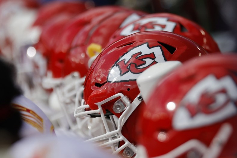 Oct 17, 2021; Landover, Maryland, USA; A view of Kansas City Chiefs players' helmets on the bench against the Washington Football Team at FedExField. Mandatory Credit: Geoff Burke-USA TODAY Sports