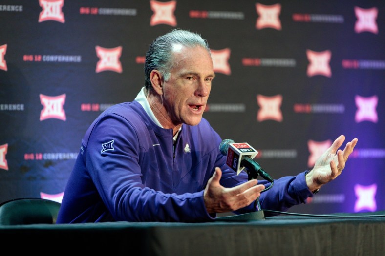 Oct 20, 2021; Kansas City, MO, USA;  TCU head coach Jamie Dixon question and answer session during the Big 12 Basketball Tipoffat T-Mobile Center. Mandatory Credit: William Purnell-USA TODAY Sports