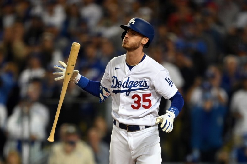 Oct 21, 2021; Los Angeles, California, USA; Los Angeles Dodgers first baseman Cody Bellinger (35) reacts after striking out in the third inning against the Atlanta Braves during game five of the 2021 NLCS at Dodger Stadium. Mandatory Credit: Jayne Kamin-Oncea-USA TODAY Sports
