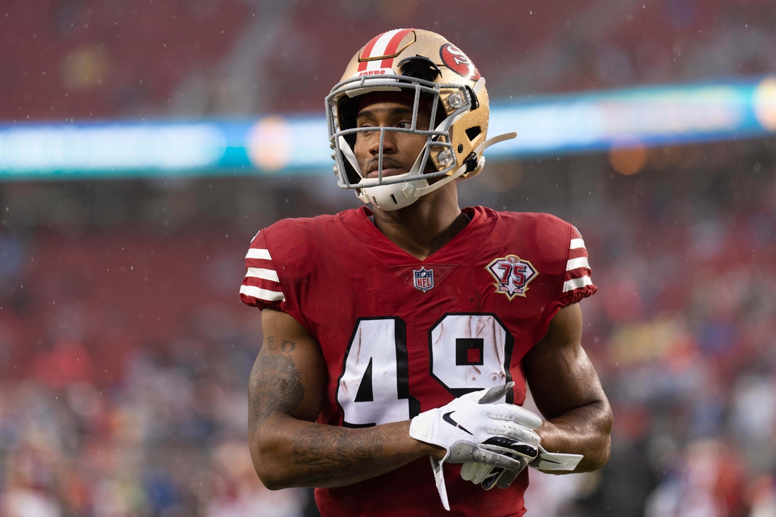 Oct 24, 2021; Santa Clara, California, USA;  San Francisco 49ers running back Trenton Cannon (49) before the start of the game against the Indianapolis Colts at Levi's Stadium. Mandatory Credit: Stan Szeto-USA TODAY Sports